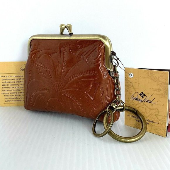 Patricia Nash Large Borse Coin Purse Key Ring Tooled Florence Brown Leather NWT - Picture 1 of 3